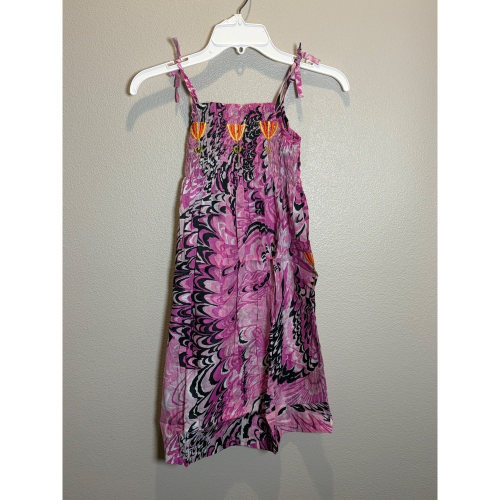 Raj Kids Pink Purple Marbled Cotton Sundress Floral Embroidery Size 5-6 Yrs NWT